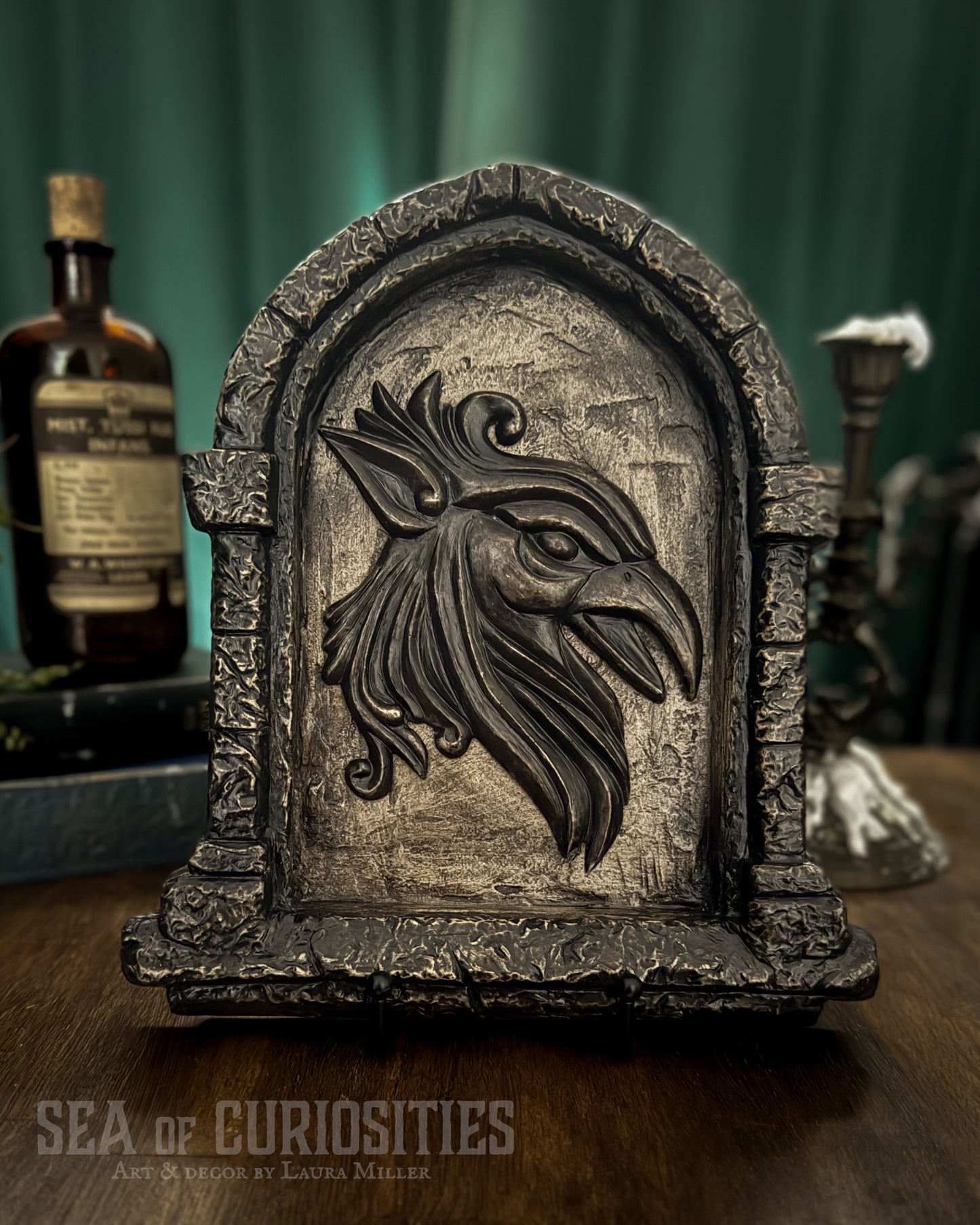 Gothic Stone Arch Window Wall Art – Medieval Griffin Head Sculpture - Dark Grey Stone