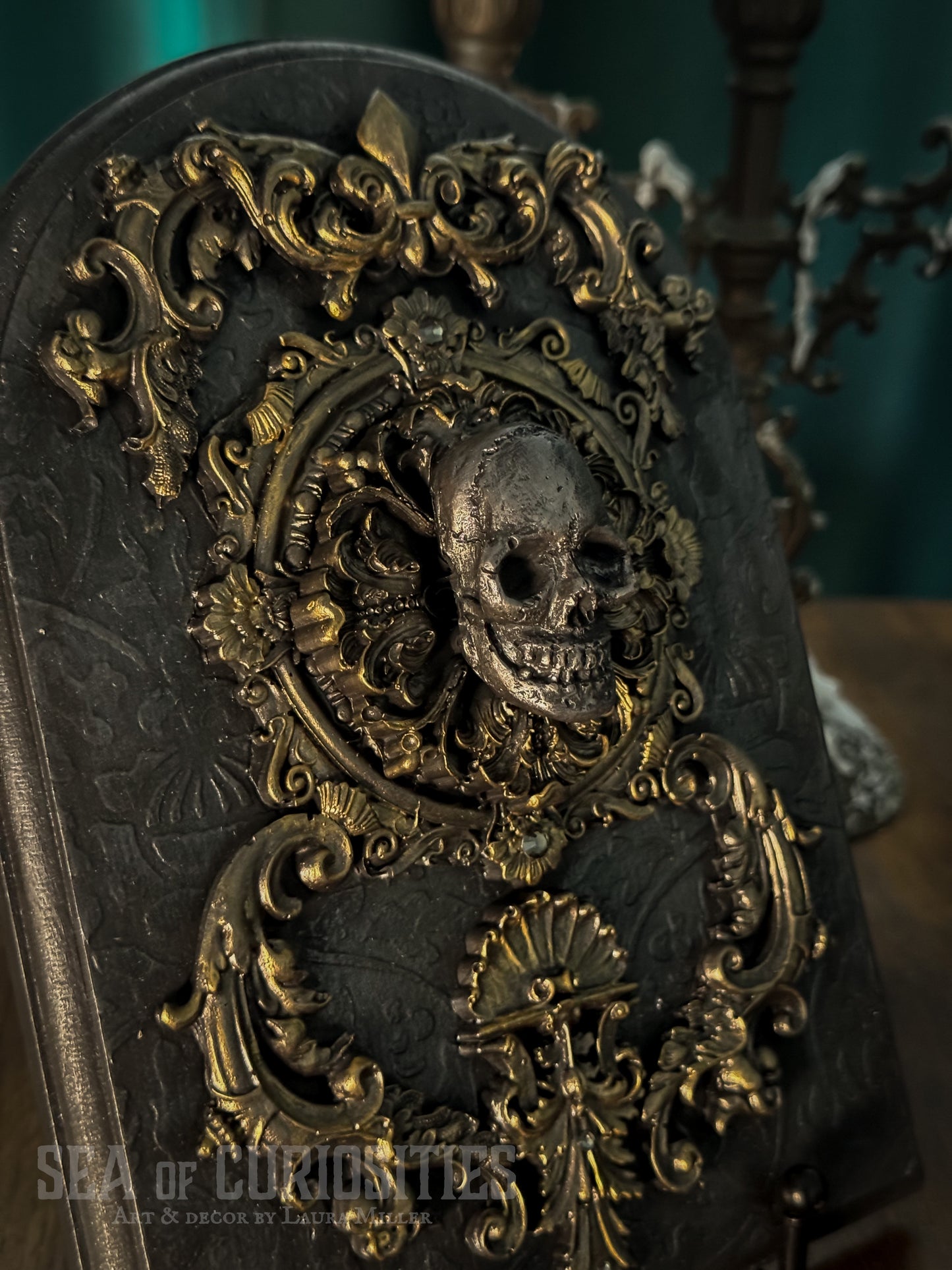 Gothic Skull Wall Plaque with Baroque Ornamental Details