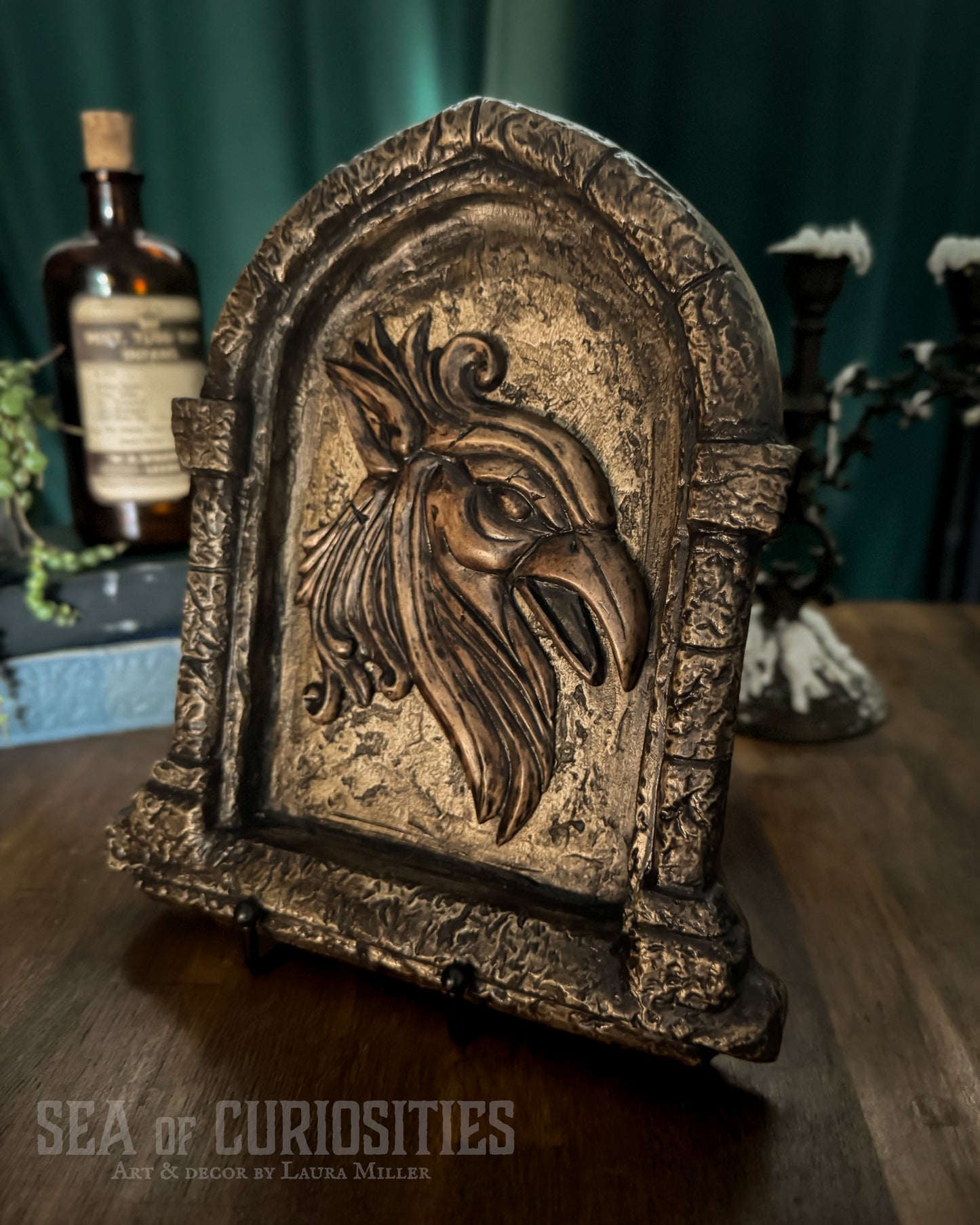 Gothic Stone Arch Window Wall Art – Medieval Griffin Head Sculpture - Brown Stone