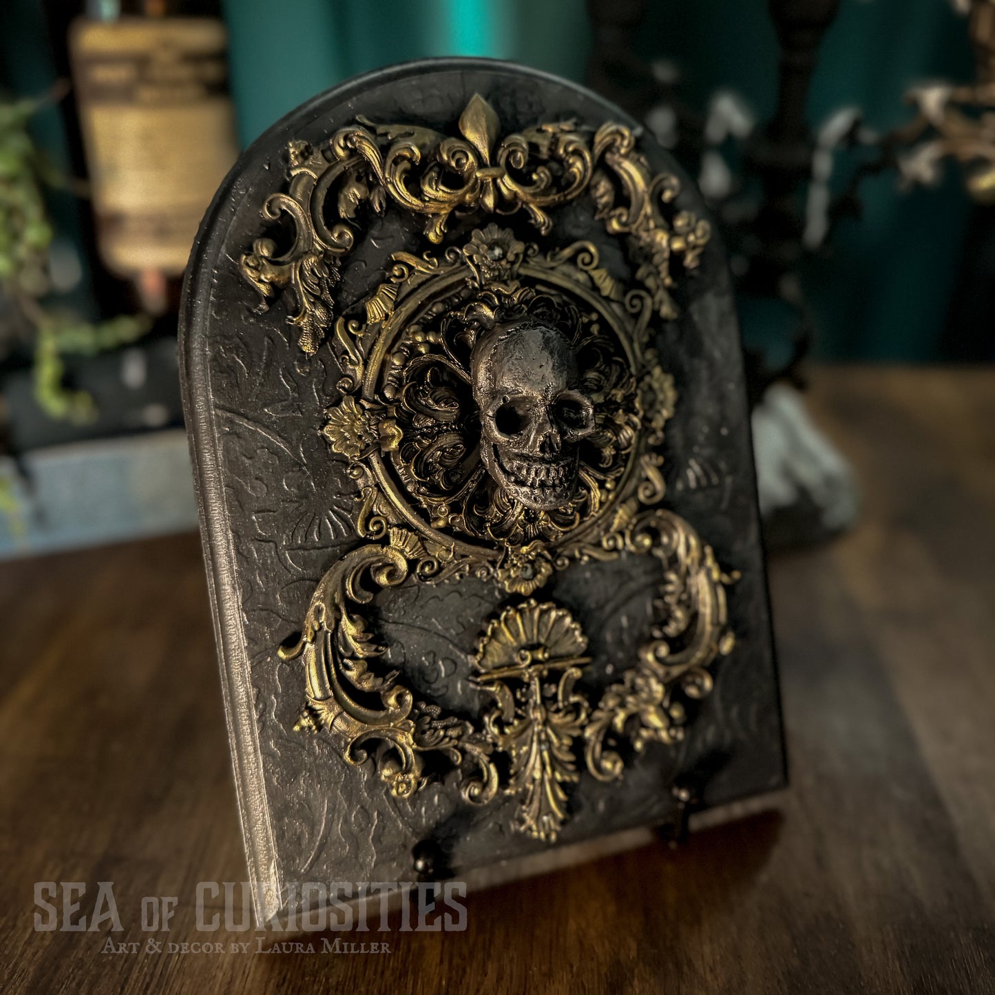 Gothic Skull Wall Plaque with Baroque Ornamental Details