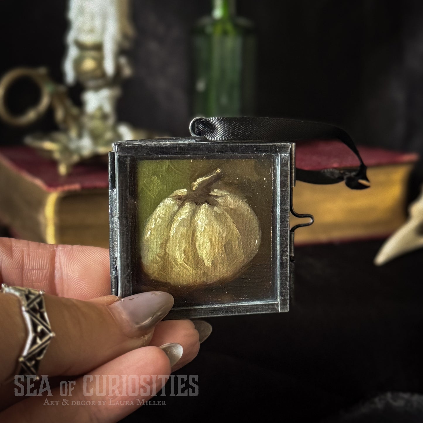 Mini Original Oil Pumpkin Painting #2 in Vintage Brass Frame - Autumnal Decor
