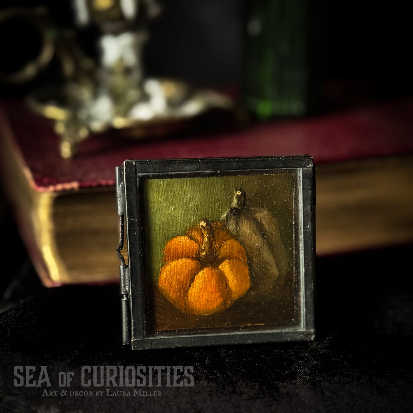 Mini Original Oil Pumpkin Painting #3 in Vintage Brass Frame - Autumnal Decor