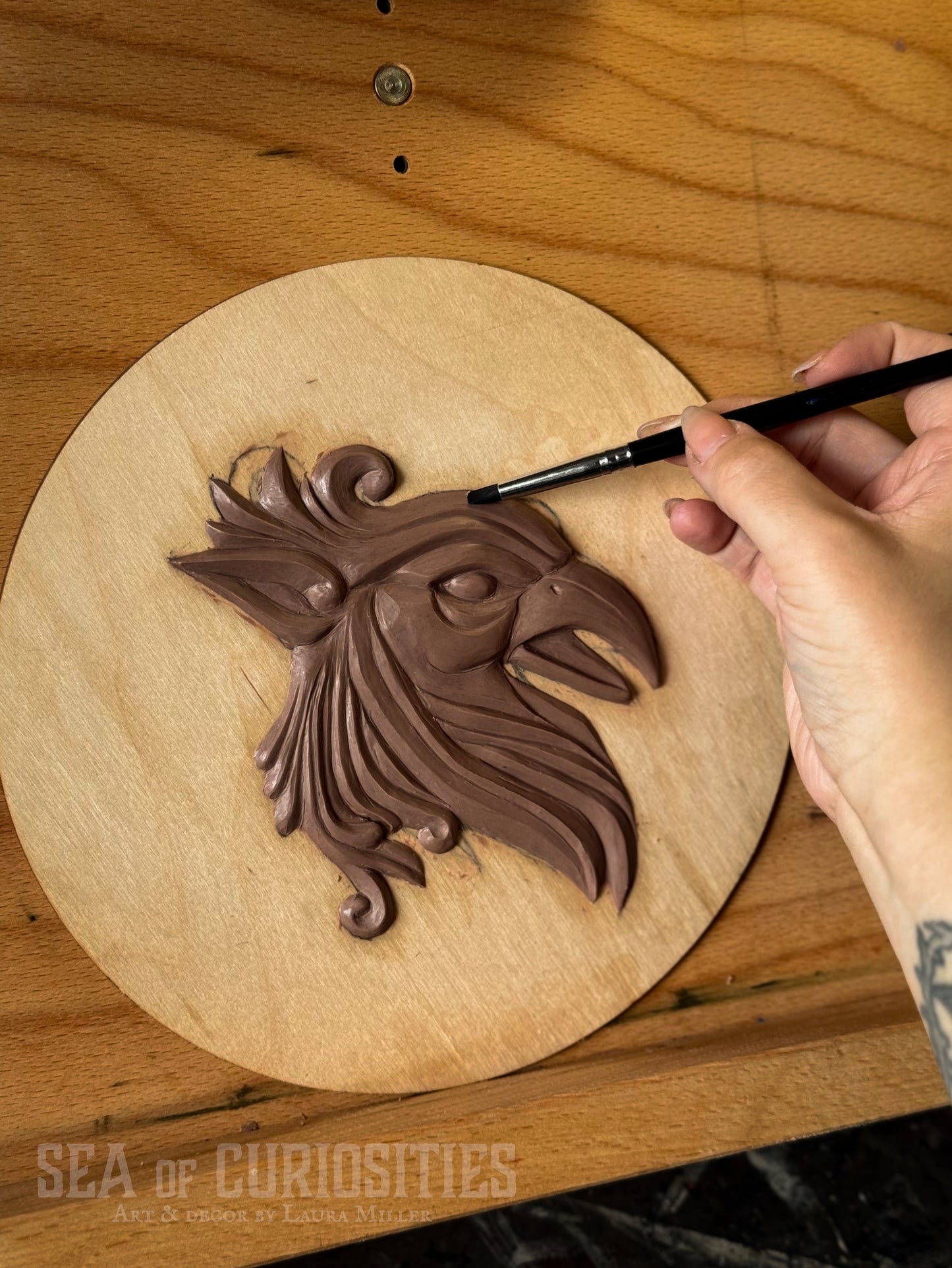 Gothic Mossy Stone Arch Window Wall Art – Medieval Griffin Head Sculpture - Brown Stone