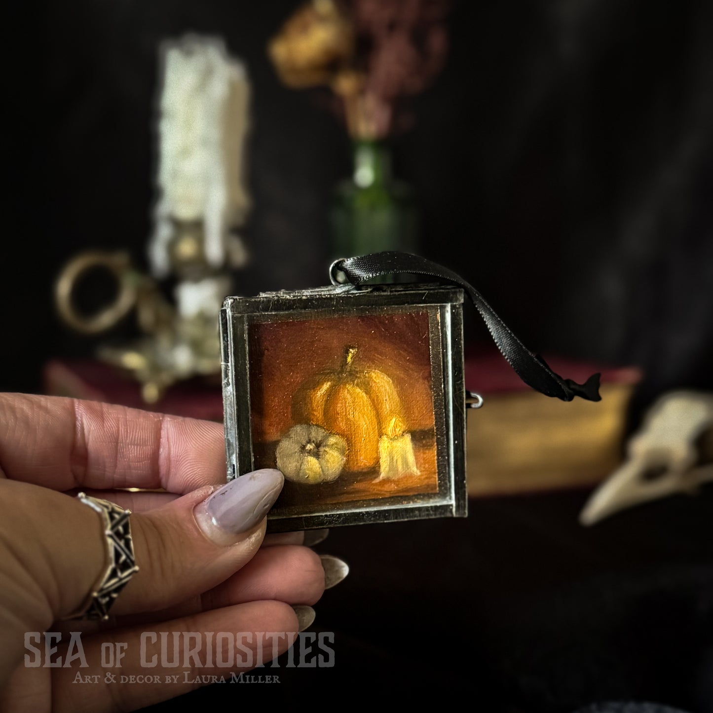 Mini Original Oil Pumpkin Painting #5 in Vintage Brass Frame - Autumnal Hanging Decor