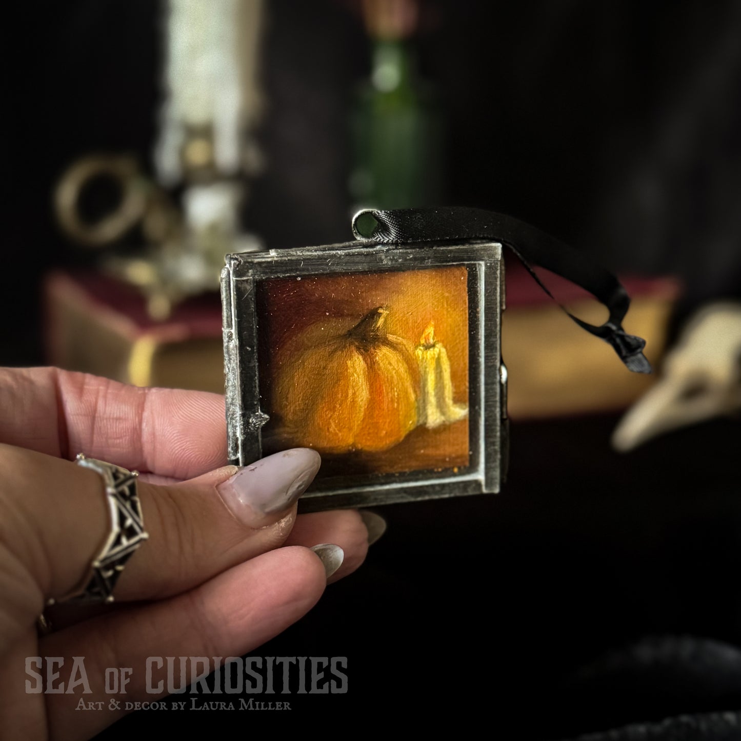 Mini Original Oil Pumpkin Painting #7 in Vintage Brass Frame - Autumnal Decor