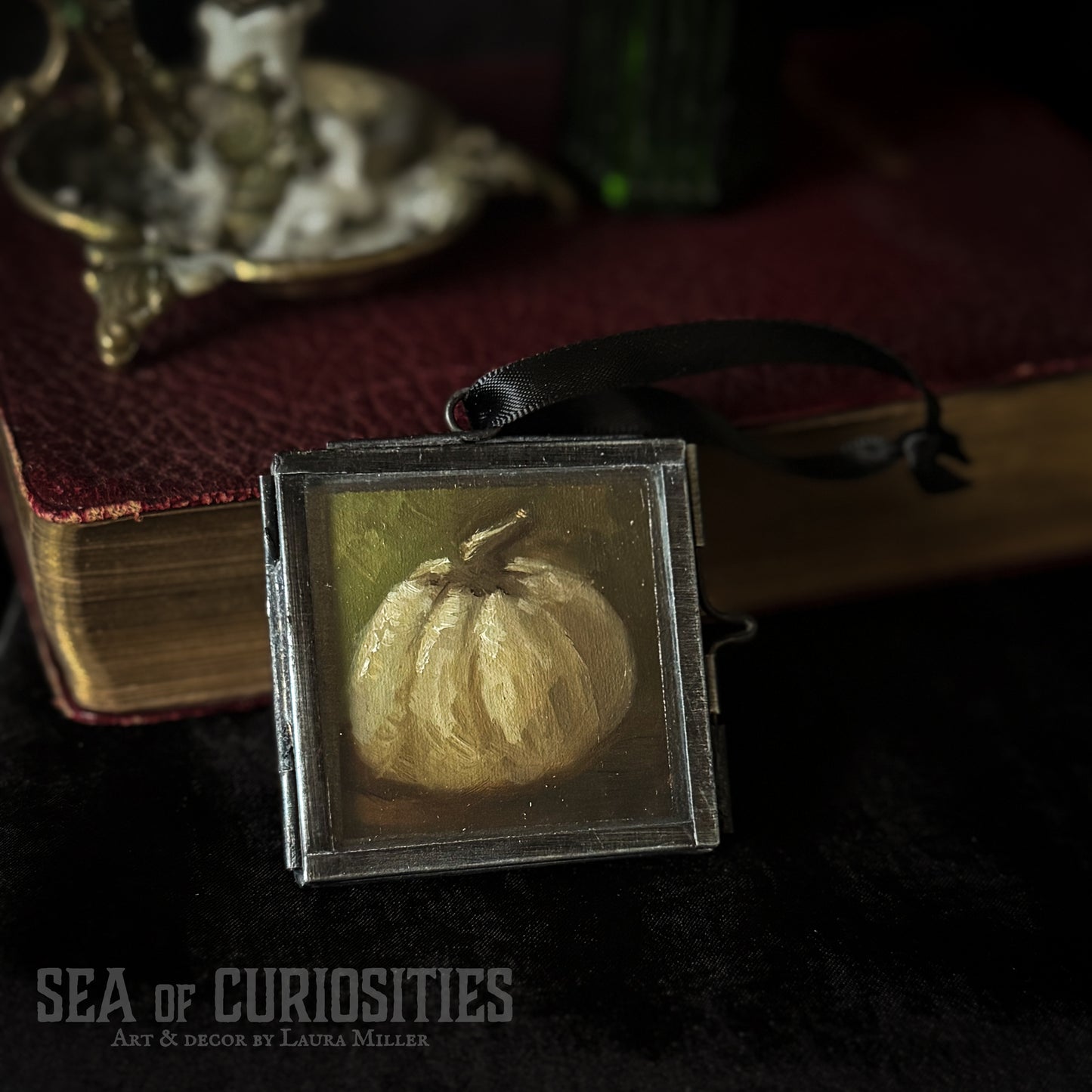 Mini Original Oil Pumpkin Painting #2 in Vintage Brass Frame - Autumnal Decor