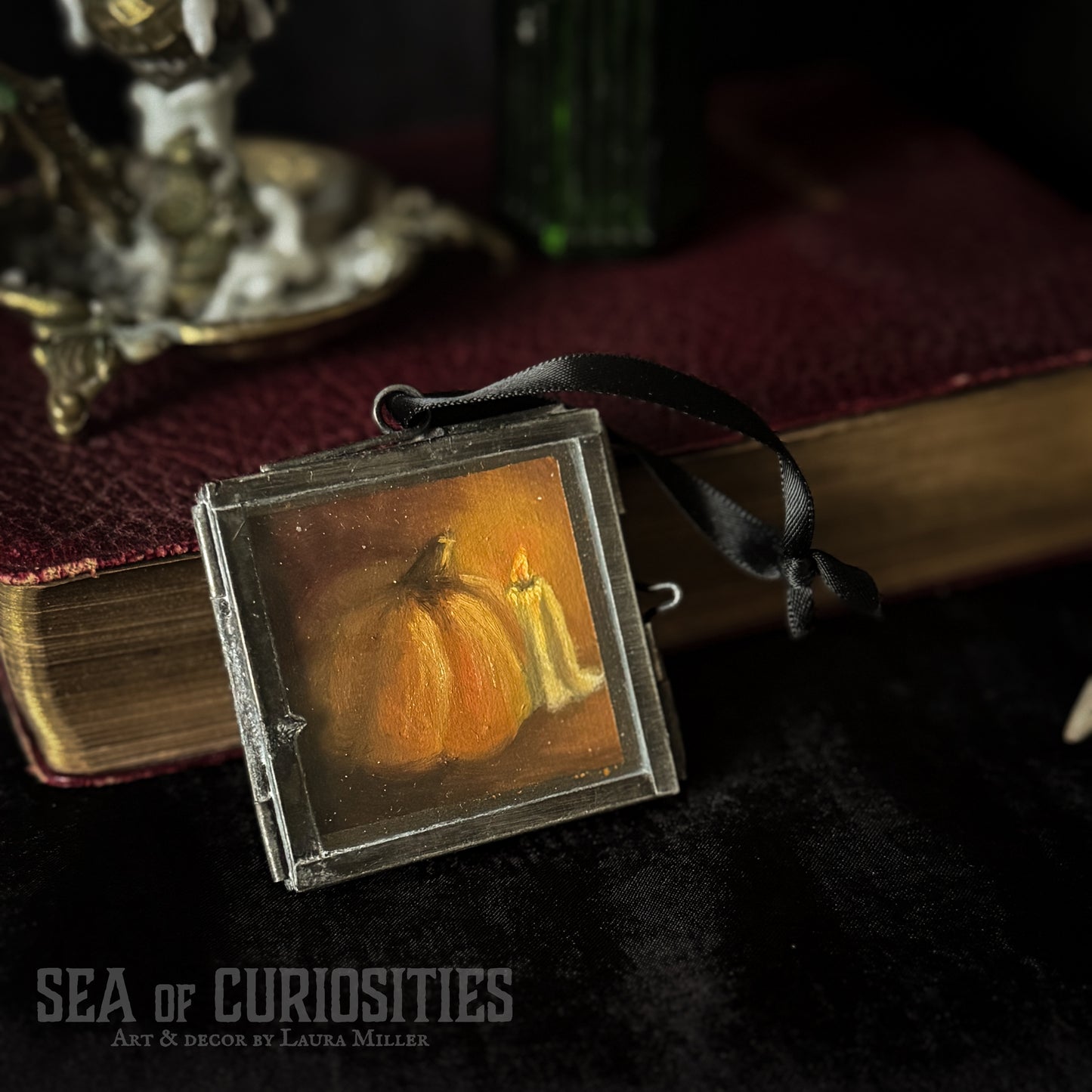 Mini Original Oil Pumpkin Painting #7 in Vintage Brass Frame - Autumnal Decor
