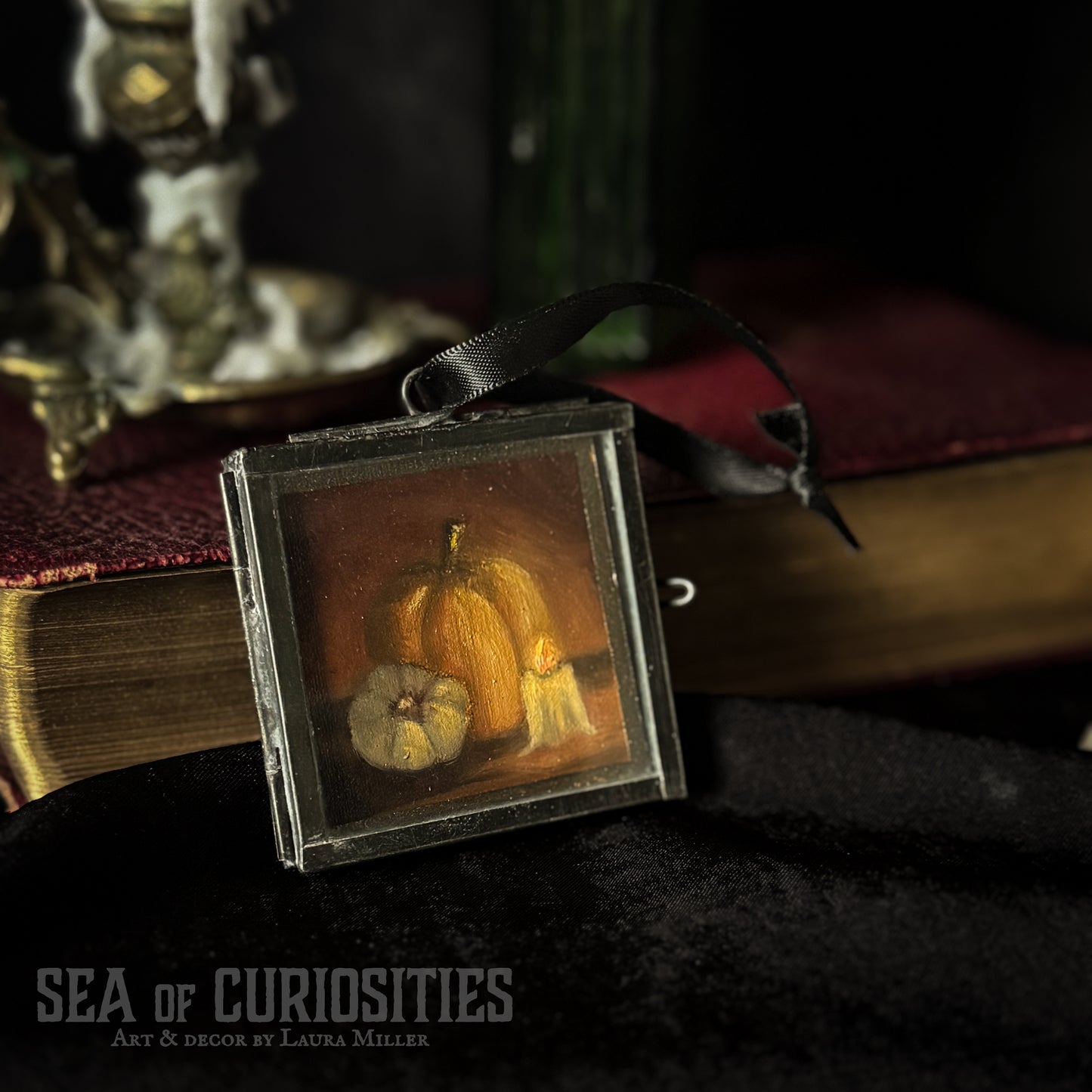 Mini Original Oil Pumpkin Painting #5 in Vintage Brass Frame - Autumnal Hanging Decor
