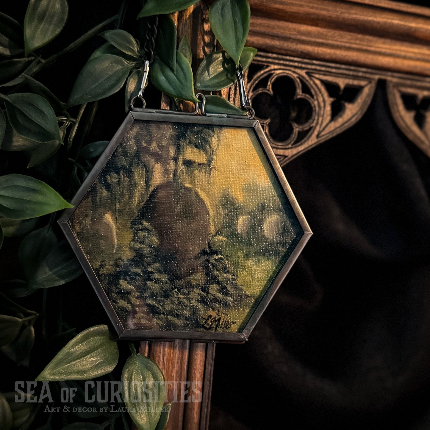 Quiet Overgrowth - Original gothic, moody cemetery oil painting in brass hexagonal frame