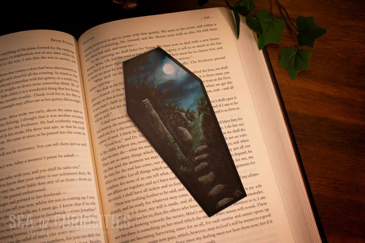Moonlit embrace of forgotten souls - Forgotten Tombs series - Coffin Shaped Bookmark