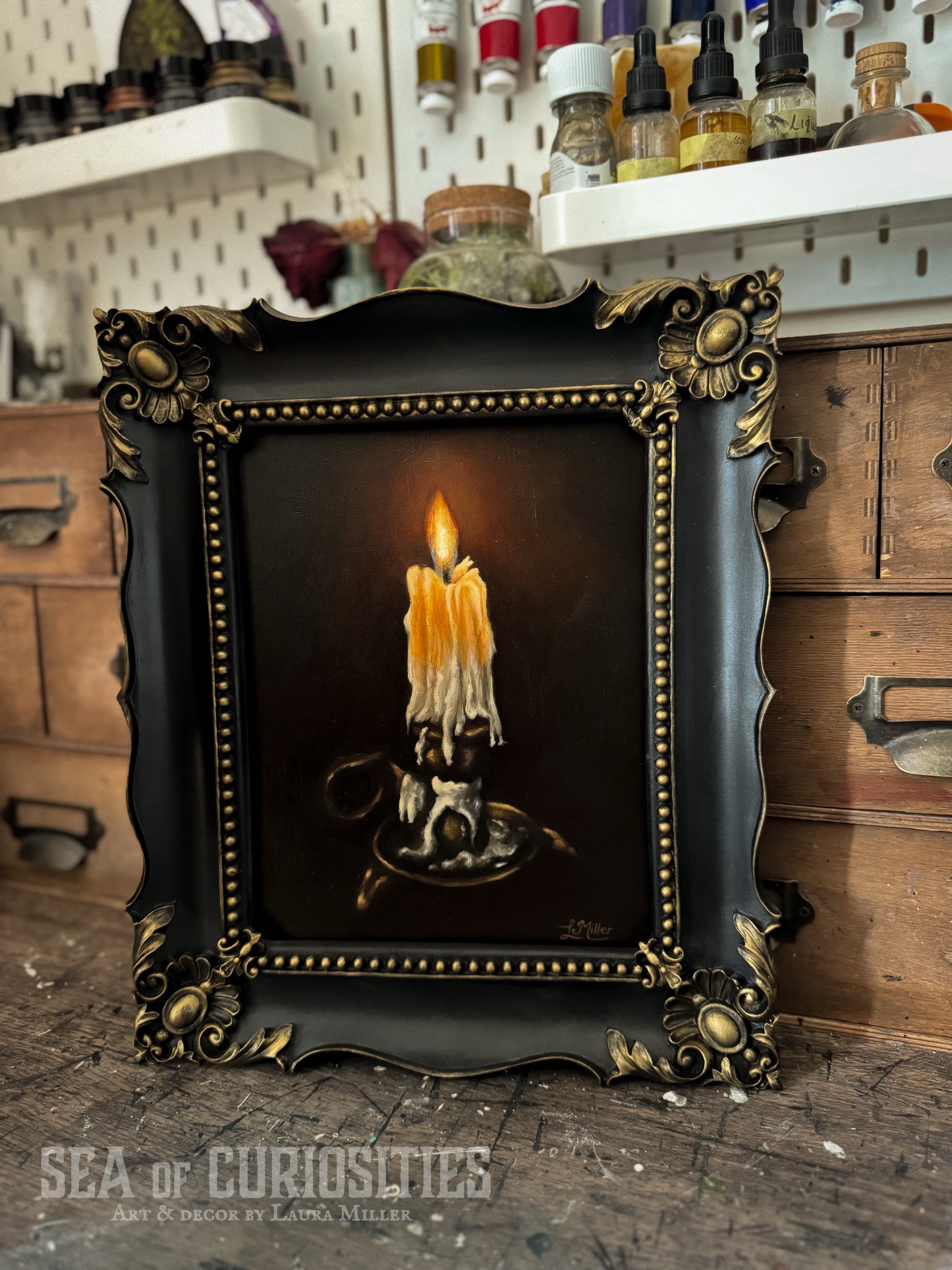 "Kindle" - Framed Original 8" x 10" Oil Painting of a Candle in Gothic & Baroque style
