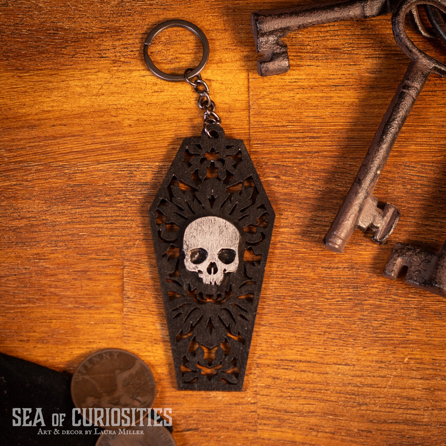 Skull Coffin Gothic Wooden Keyring/Bag charm