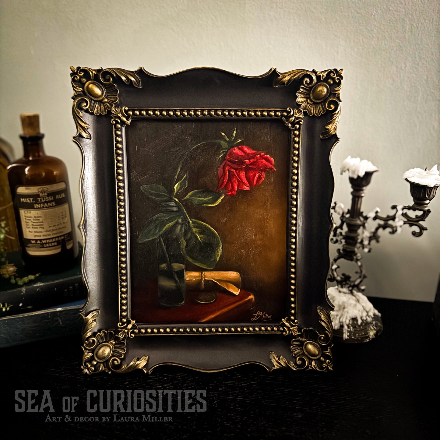 "Memory" - Framed Original 8" x 10" Oil Painting of a Wilting Rose Still Life Scene in Gothic & Baroque style