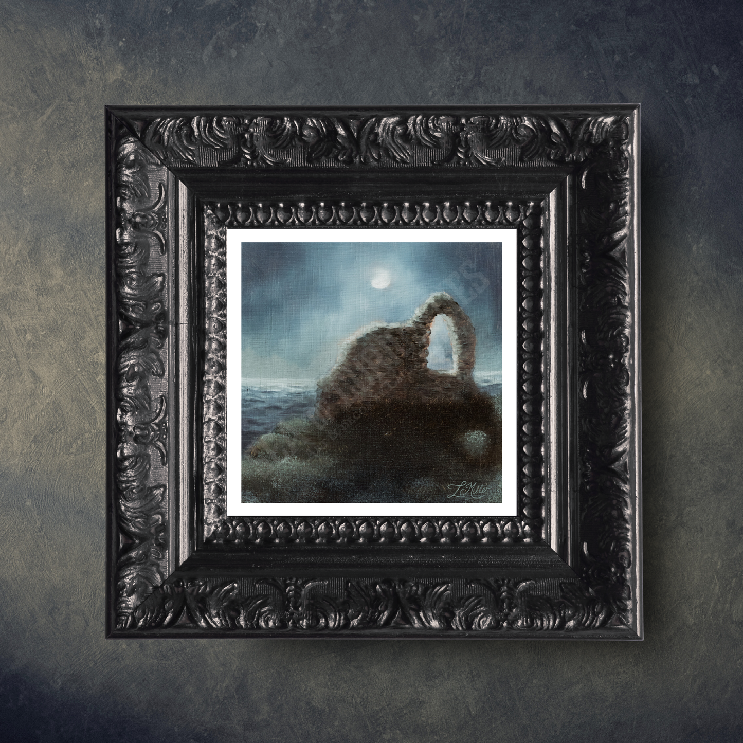 "Ruins in the Foggy Moonlight" Fine Art Print of Medieval Ruins Seascape Painting