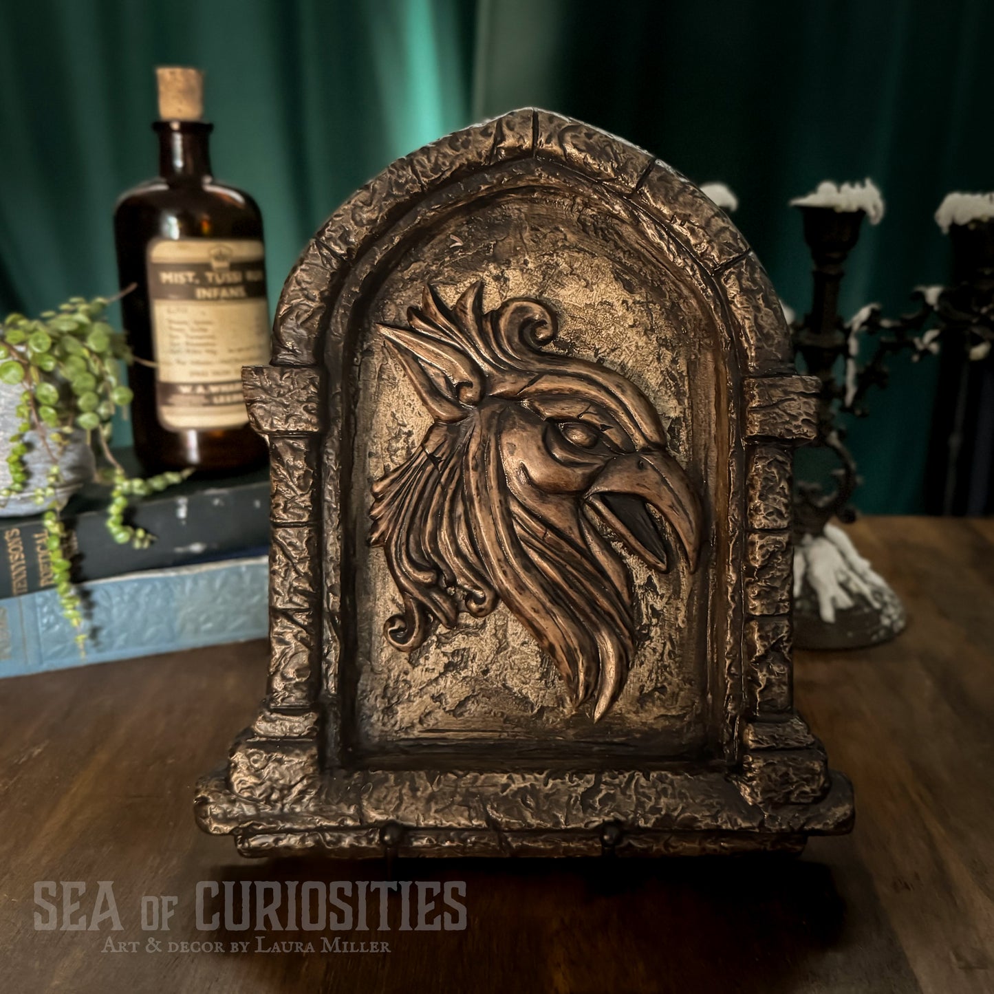 Gothic Stone Arch Window Wall Art – Medieval Griffin Head Sculpture - Brown Stone