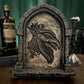 Gothic Stone Arch Window Wall Art – Medieval Griffin Head Sculpture - Dark Grey Stone