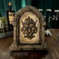Gothic Stone Arch Window Wall Art – Medieval Lion Head Sculpture - Grey & Mossy Green Stone