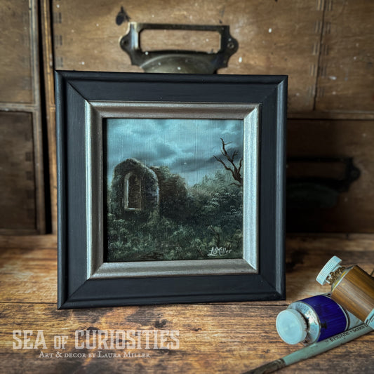 Overgrown Ruins - Framed 4"x4" Original Oil Painting of Medieval Ruins Landscape