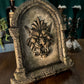 Gothic Stone Arch Window Wall Art – Medieval Lion Head Sculpture - Grey & Mossy Green Stone