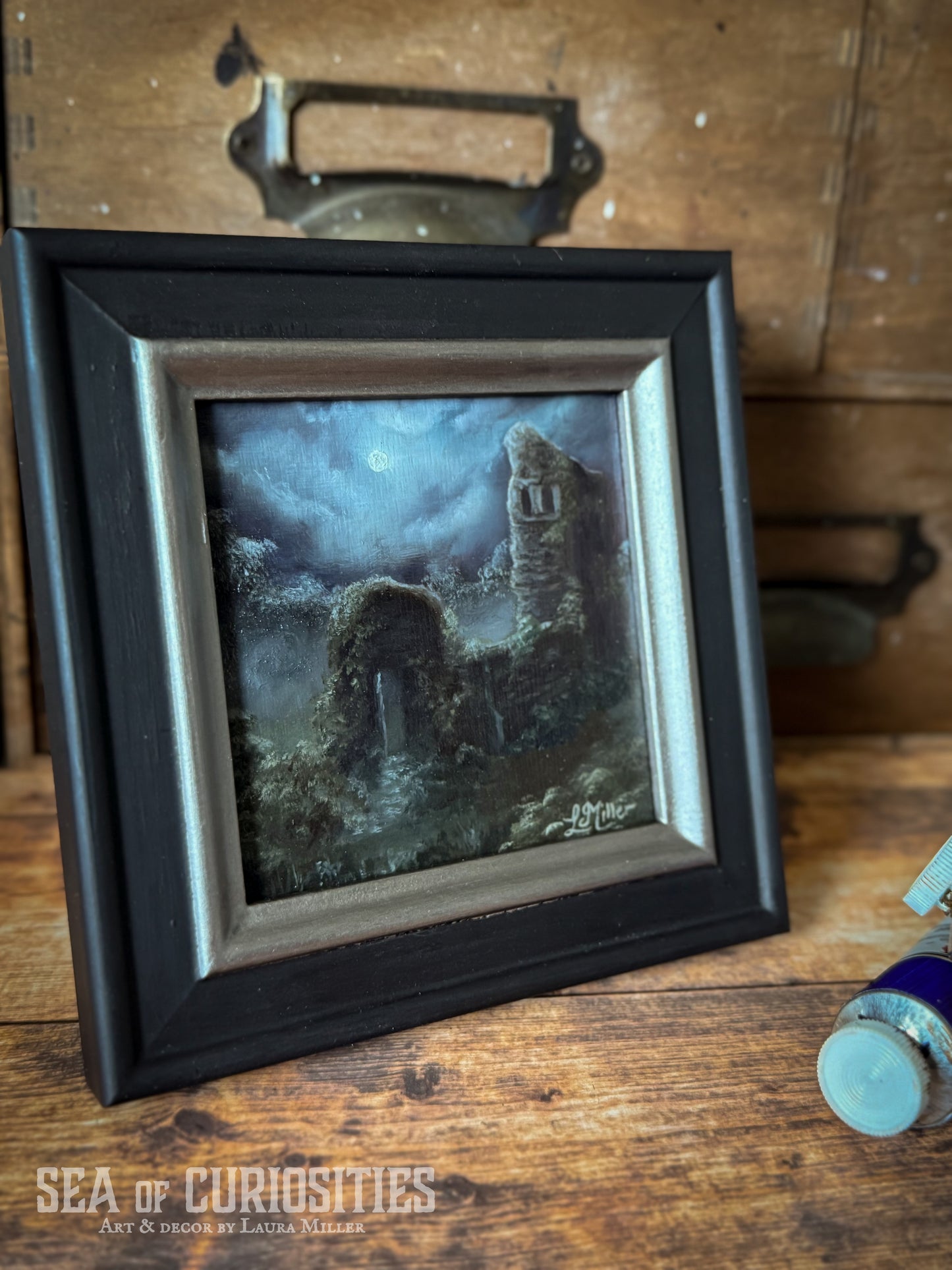 Overgrown Ruins in Moonlight - Framed 4"x4" Original Oil Painting of Medieval Ruins Landscape