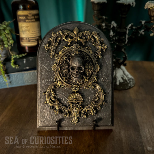 Gothic Skull Wall Plaque with Baroque Ornamental Details