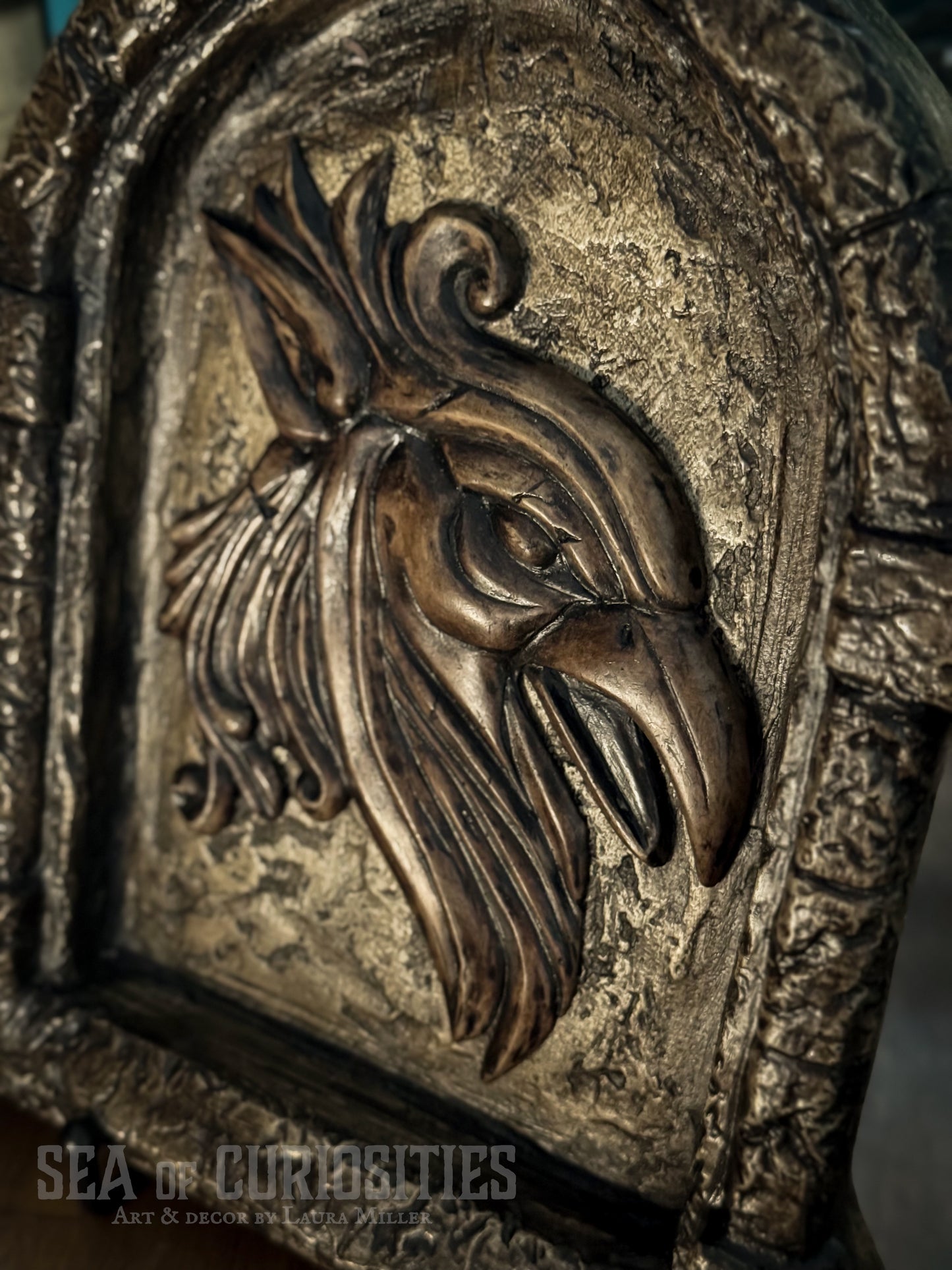 Gothic Stone Arch Window Wall Art – Medieval Griffin Head Sculpture - Brown Stone