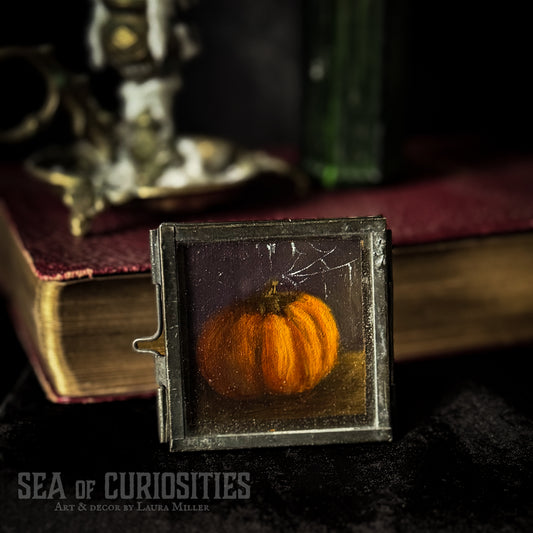 Mini Original Oil Pumpkin Painting #10 in Vintage Brass Frame - Autumnal Decor