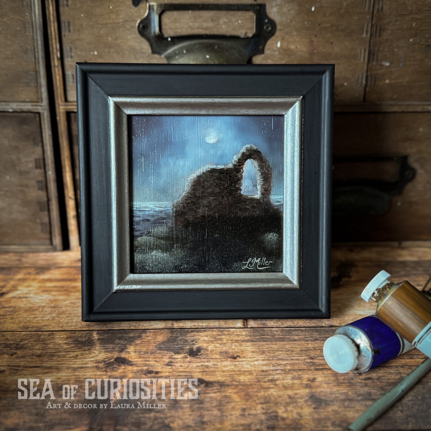 Ruins in the Foggy Moonlight - Framed 4"x4" Original Oil Painting of Medieval Ruins Seascape