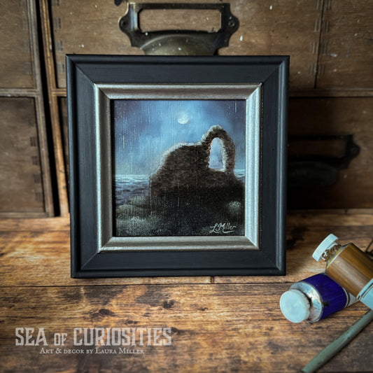 Ruins in the Foggy Moonlight - Framed 4"x4" Original Oil Painting of Medieval Ruins Seascape