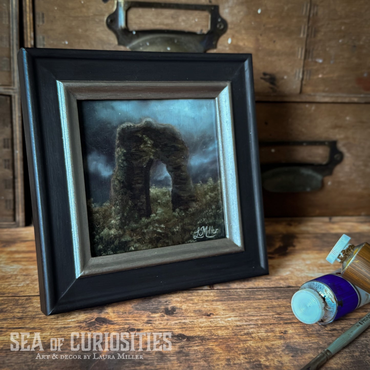 Stormy Skies & Ruins - Framed 4"x4" Original Oil Painting of Medieval Ruins Landscape