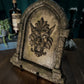 Gothic Stone Arch Window Wall Art – Medieval Lion Head Sculpture - Grey & Mossy Green Stone