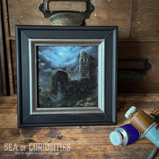 Overgrown Ruins in Moonlight - Framed 4"x4" Original Oil Painting of Medieval Ruins Landscape