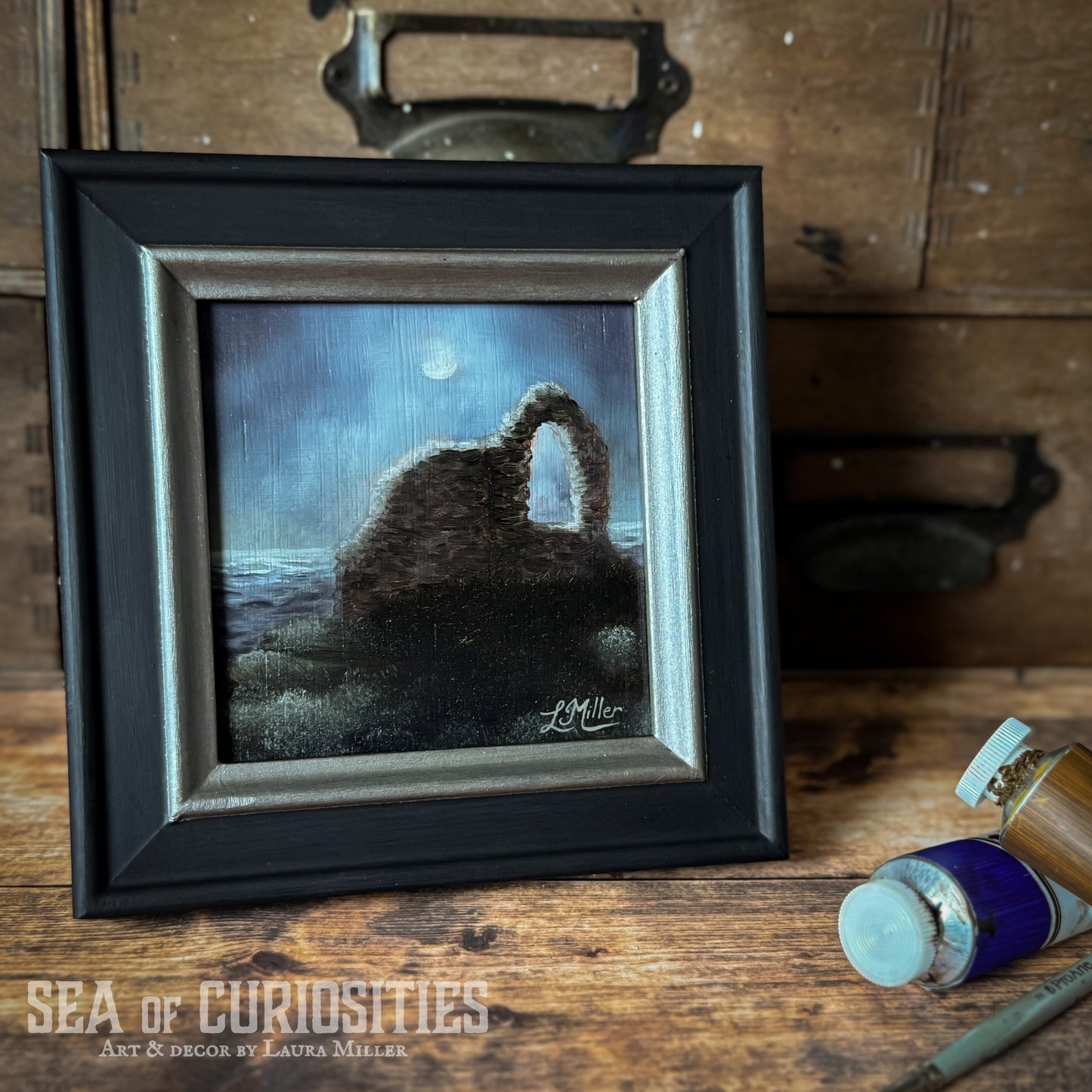 Ruins in the Foggy Moonlight - Framed 4"x4" Original Oil Painting of Medieval Ruins Seascape