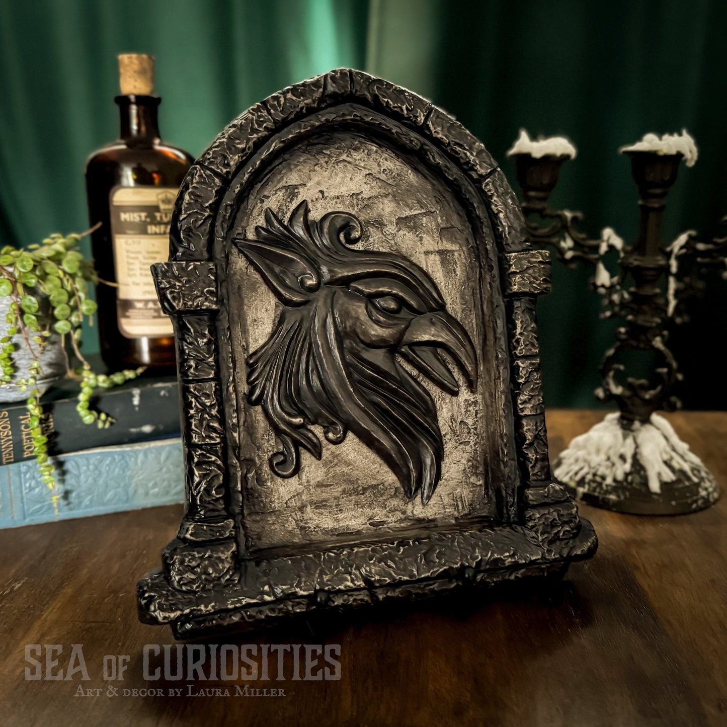 Gothic Stone Arch Window Wall Art – Medieval Griffin Head Sculpture - Dark Grey Stone