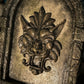 Gothic Stone Arch Window Wall Art – Medieval Lion Head Sculpture - Grey & Mossy Green Stone