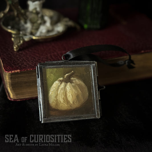 Mini Original Oil Pumpkin Painting #2 in Vintage Brass Frame - Autumnal Decor