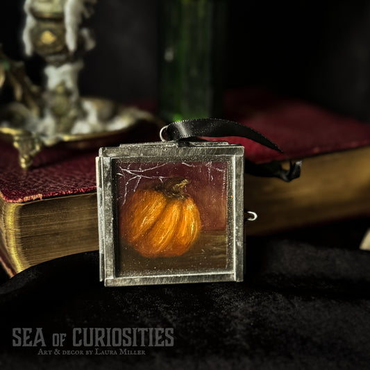 Mini Original Oil Pumpkin Painting #11 in Vintage Brass Frame - Autumnal Decor