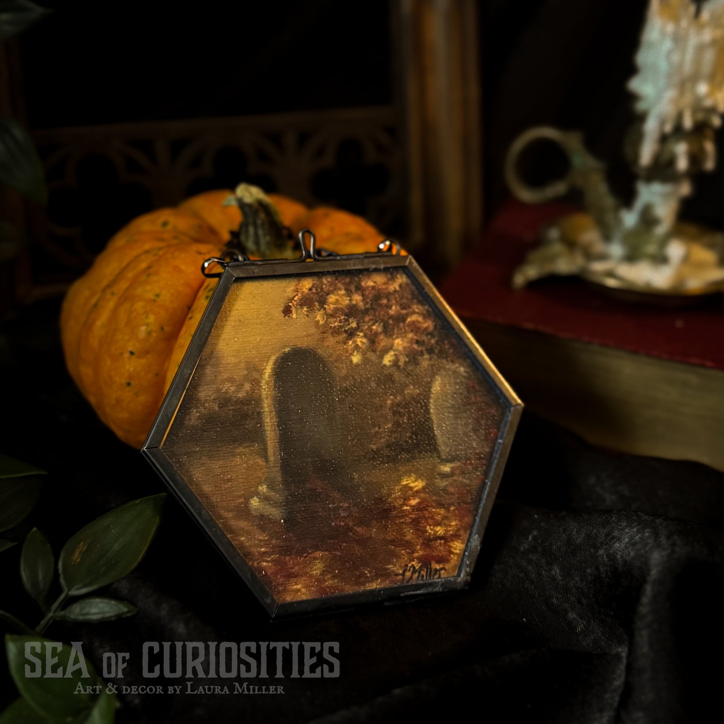 Amber Mourning - Original gothic, moody cemetery oil painting in brass hexagonal frame