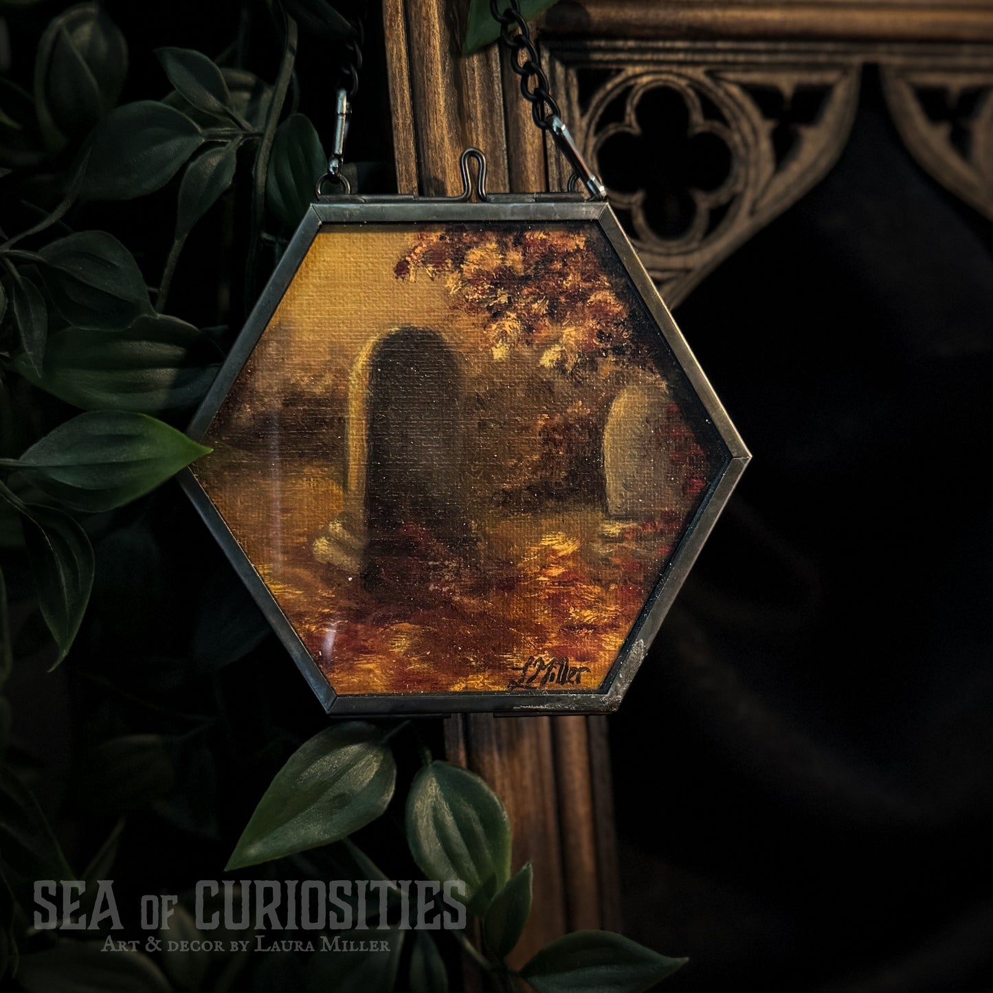 Amber Mourning - Original gothic, moody cemetery oil painting in brass hexagonal frame