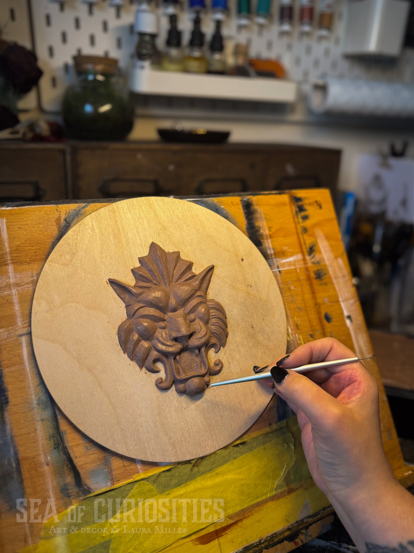 Gothic Stone Arch Window Wall Art – Medieval Lion Head Sculpture - Grey & Mossy Green Stone