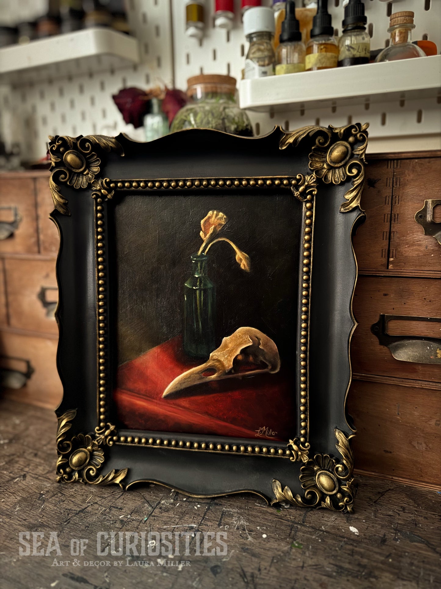"Remains" - Framed Original 8" x 10" Oil Painting of a Crow Skull and Dried flowers Still Life Scene in Gothic & Baroque style