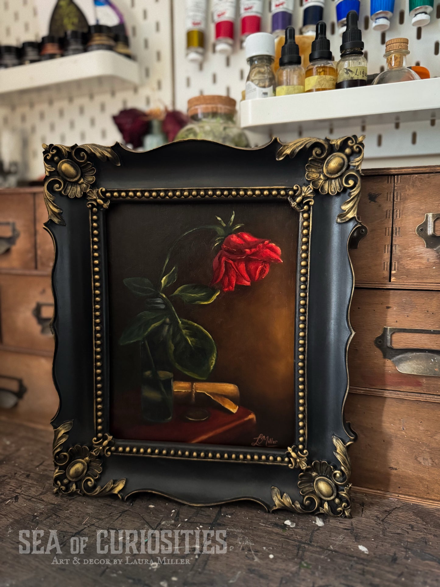 "Memory" - Framed Original 8" x 10" Oil Painting of a Wilting Rose Still Life Scene in Gothic & Baroque style
