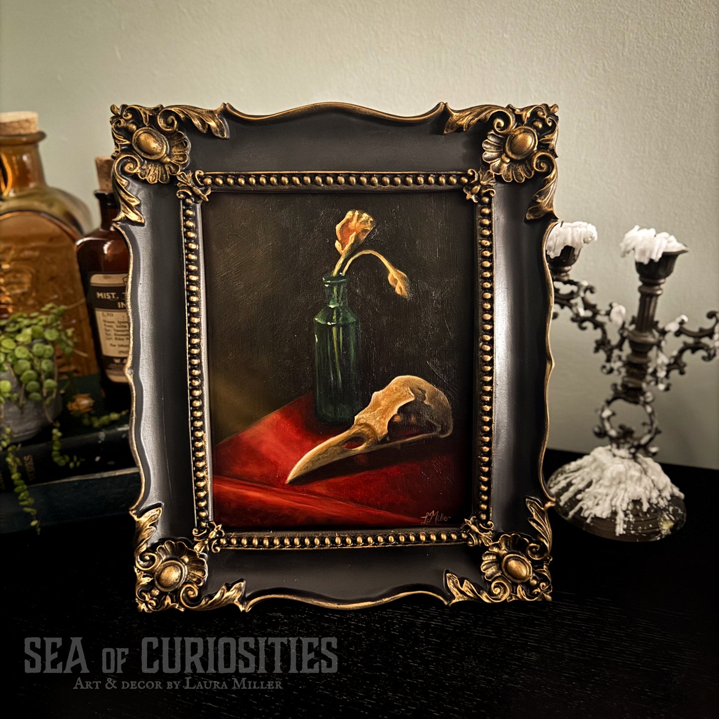 "Remains" - Framed Original 8" x 10" Oil Painting of a Crow Skull and Dried flowers Still Life Scene in Gothic & Baroque style