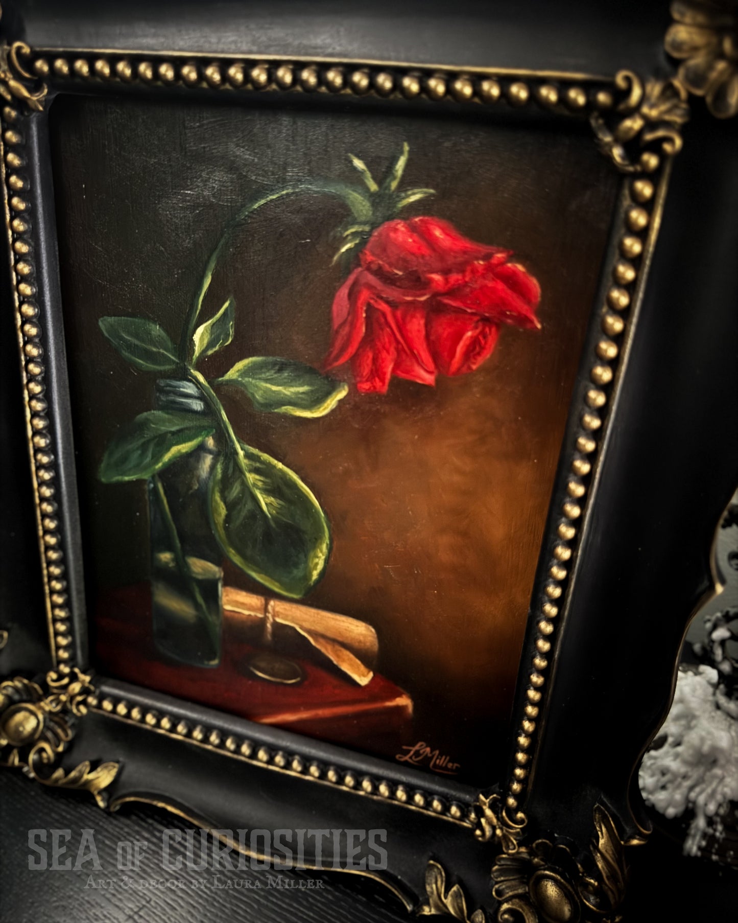 "Memory" - Framed Original 8" x 10" Oil Painting of a Wilting Rose Still Life Scene in Gothic & Baroque style