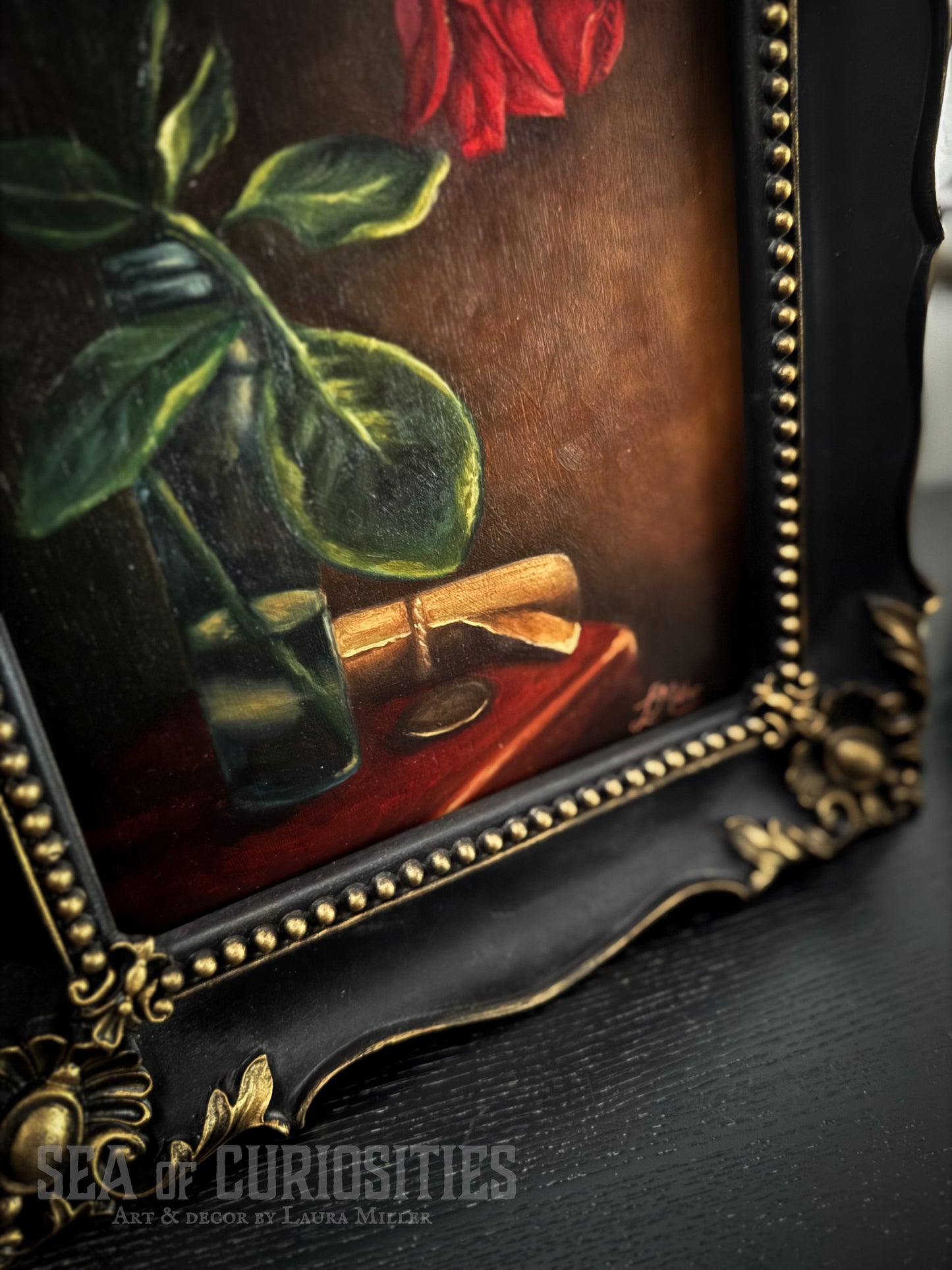 "Memory" - Framed Original 8" x 10" Oil Painting of a Wilting Rose Still Life Scene in Gothic & Baroque style