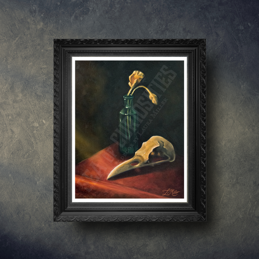 "Remains"  Fine Art Print of a Crow Skull and Dried flowers Still Life Painting in Gothic & Baroque style