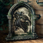 Decorative sculpted stone wall arched window with Griffin head, branded 'Sea of Curiosities'.