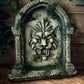 Decorative sculpted stone wall arched window with Lion head, branded 'Sea of Curiosities'.